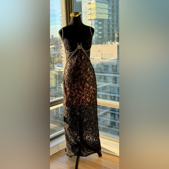 🆕 SELF-PORTRAIT 🧿 NWOT Crystal Trimmed Black Fine Lace Maxi Dress, Sz US4 UK8 - Picture 4 of 15